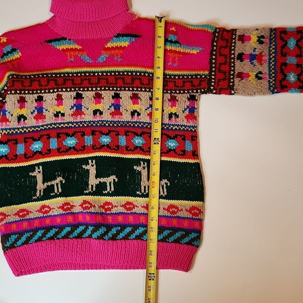 True Vintage Knit Alpaca Print Sweater Women’s M Bright Colorful Pattern Pullove - Picture 7 of 7